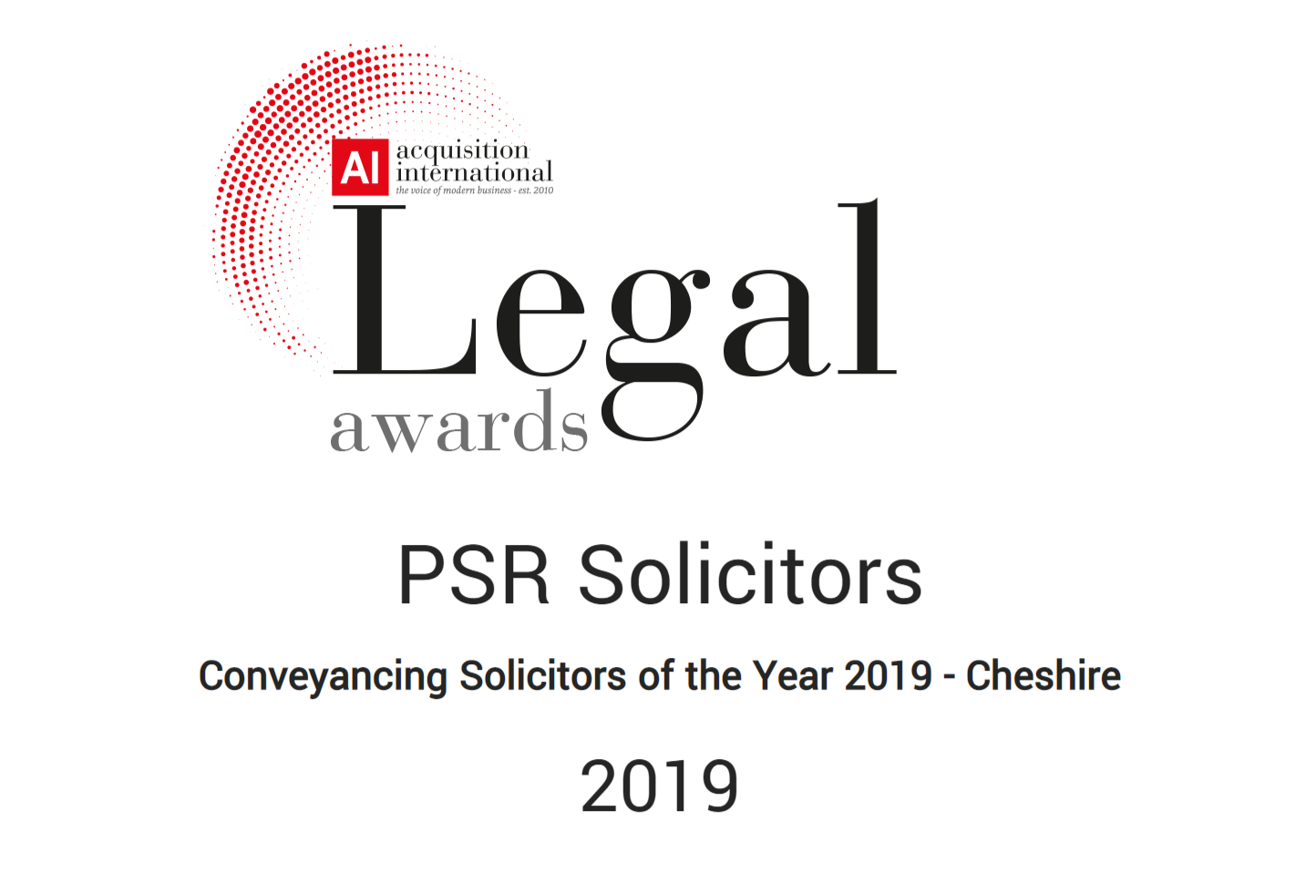 Legal Awards Conveyancing Solicitors of the Year 2019 - Cheshire