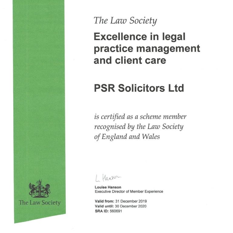 PSR Solicitors Lexcel Accreditation 2020 for Legal Excellence
